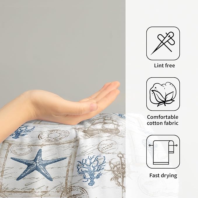 Giwawa 2PCs Vintage Nautical Towel Retro Coastal Coral Sailboat Compass Hand Face Towels Summer Seahorse Seashell Soft Microfiber Dish Towel for Bathroom Guest Gym Spa Hotel Season Decor