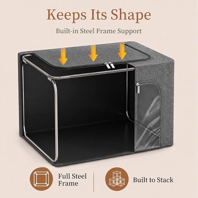 GoMaihe Clothes Storage Bins with Metal Frame for Sweaters, 40L 6-Pack Grey | Seasonal Clothes Hoodies Jeans, Closet Top Shelf Linen Closet Organizer, 3 Side Access Stackable Collapse-Proof, Clear Window