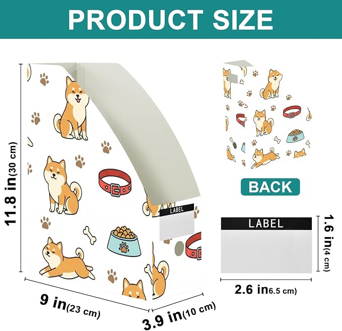 Emelivor Cute Pets Dog White Pattern Magazine Holder Set of 3 Desk File Organizer Water-resistant Vertical Folder Holder with Labels for Office Organization Book Bins for Library Classroom Home