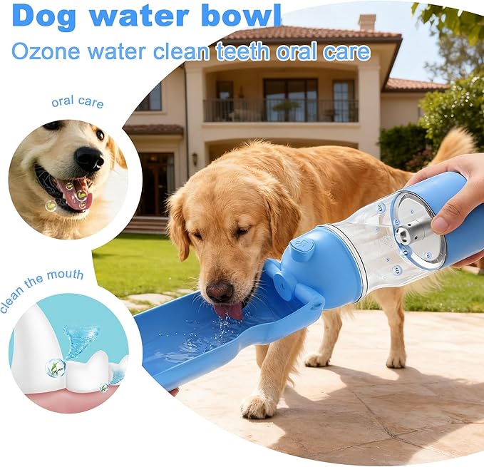 Amerisun Portable Dog Water Bottle with Ozone Purification - Active Oxygen Puppy Water Bowl & Dispenser for Travel, Improves Taste and Boosts Immunity for Pet Health Care Water Bottle (Blue)