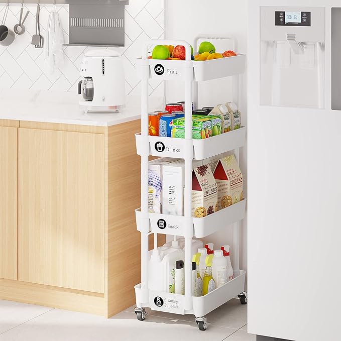 Laiensia 4-Tier Storage Carts,Multifunction Utility Rolling Cart Kitchen Storage Organizer,Mobile Shelving Unit Cart with Lockable Wheels for Bathroom,Laundry,Living Room,With Classified Sticker,White