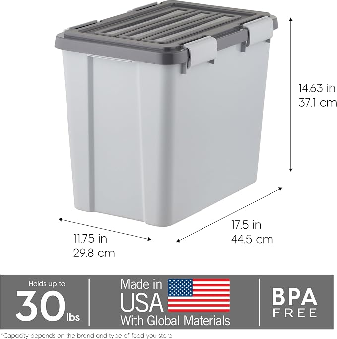 IRIS USA Dog Food Storage Container, Up to 30 lbs, Gray/Dark Gray | Made in the USA, Comes with 2-Cup Scoop, Stacklable, BPA-Free, 4 Secure Latches, Bird Seed, Chicken Feed, Pellets, Camping