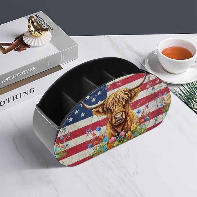 Remote Control Holder Box American Flag Highland Cow Desk Storage Caddy | with 5 Compartments, American Flag Highland Cow Office Supplies Table Decor for Media Player, Stationery, Makeup Brush
