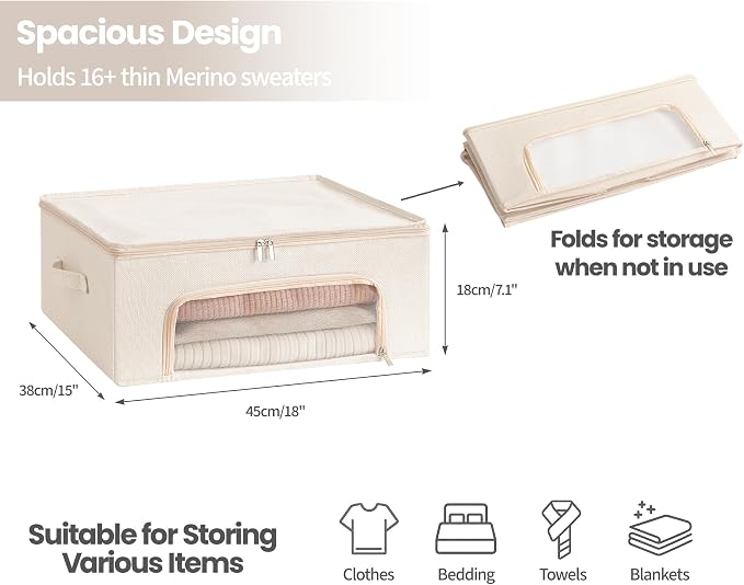 2-Pack Cashmere Sweater Storage Bags for Wool with Cedar Blocks, Ivory | Breathable Cashmere/Wool Garment Storage, Mesh Window, Rigid PP Support, Cedar Protection, Foldable Closet Clothes Storage