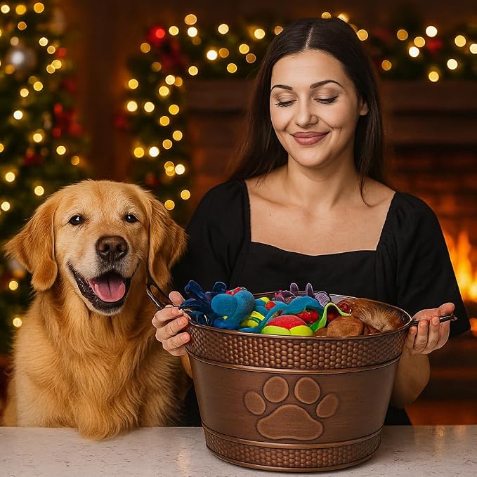 BREKX Metal Indestructible Dog Toy Bin - Chew-Proof Storage Bin | Copper Finish Farmhouse Organizer Storage Basket for Pet Toys, Blankets, Leashes with a Embossed Paw-Print