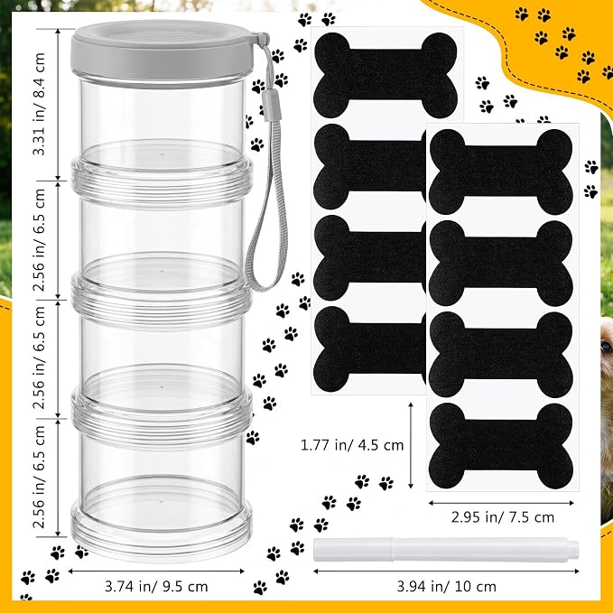 4 Layer Travel Dog Food Container Mini Dog Treat Jars Leakproof Stackable with Label and Pen for Customizing Portable with Lanyard for Outdoor Walking Camping Travel Training Home