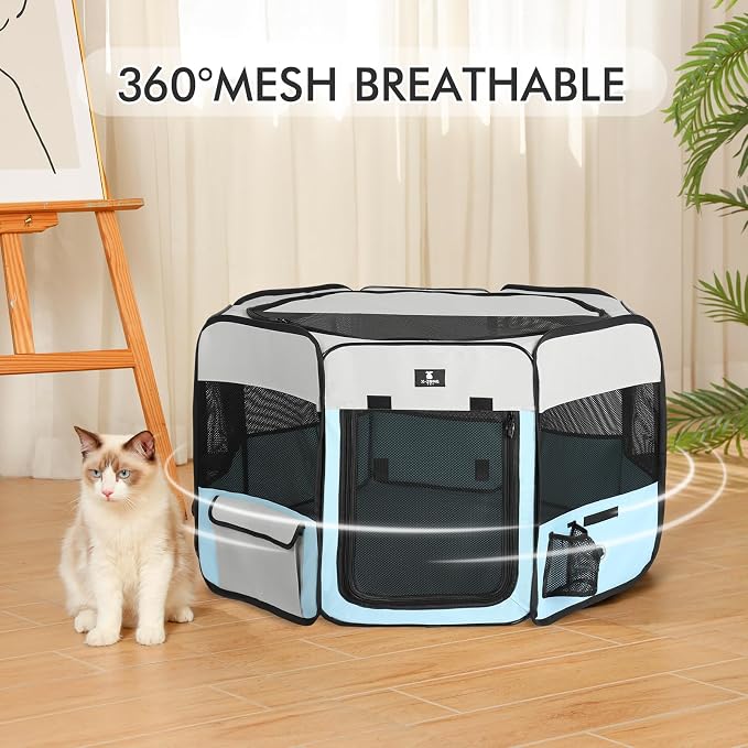 X-ZONE PET Foldable Dog Playpen, Portable Pet Play Pen for Puppy Cat, Blue | Pop‑Up Dog Playpens Indoor & Outdoor, Waterproof Dog Kennel Cage, Removable Top, Travel Camping Playpen, X-Large Size