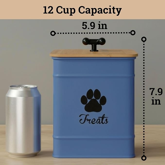 Dog Treat Container Airtight, 6"W x 8"H, Powder Coated, 12 Cup Capacity | Fits All Popular Treats, 12 Cup Capacity, Airtight Bamboo Lid, Easy Open Lid, Dent-Resistant Durable Metal Bone-Shaped Handle
