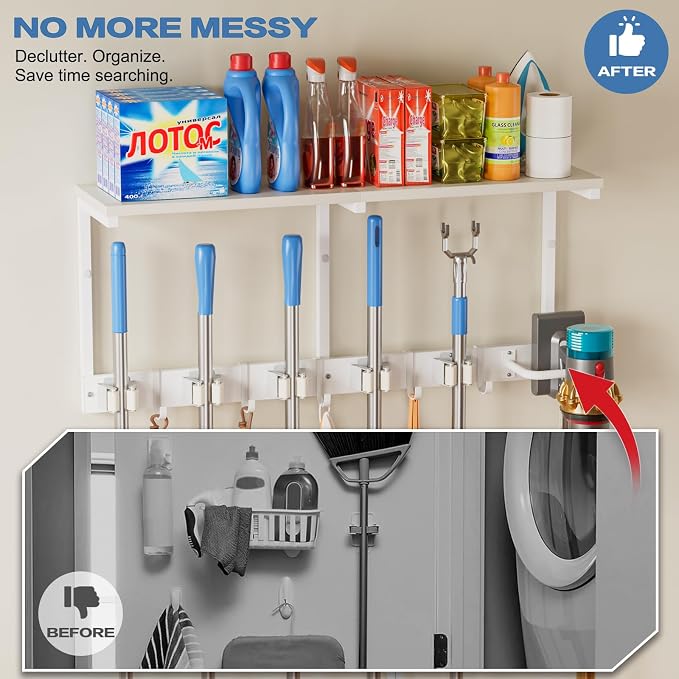 Broom Holder Wall Mount with Cleaning Supplies Organizer, Laundry Room Organization and Storage Shelf with Mop Hanger Rack Gripper Hooks, Utility Shelf Closet Organizer Floating Shelves for Garage