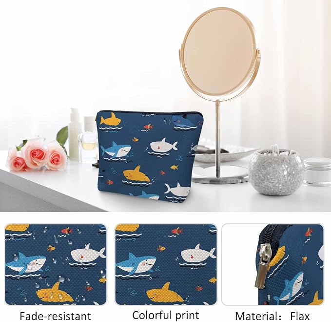 Shark Cosmetic Bags For Women, Cute Ocean Sea Wildlife Sharks Blue Roomy Makeup Bag Toiletry Bag Accessories Organizer Storage Bags Makeup Pouch For Travel Business Gym Camping Bathroom
