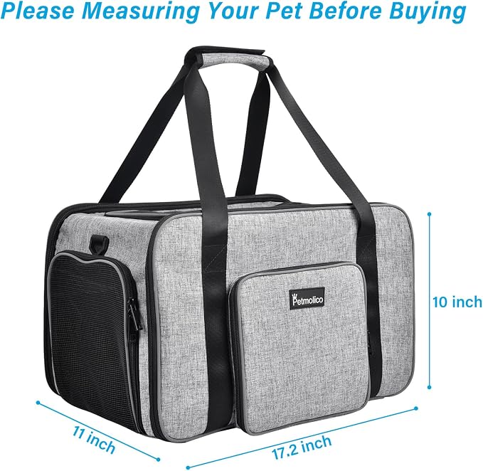 Petmolico Cat Carrier Soft-Sided Airline Approved, Medium, Grey-X863 | For small/medium cats & puppies up to 16 lbs, 3 open doors, travel-friendly pet bag