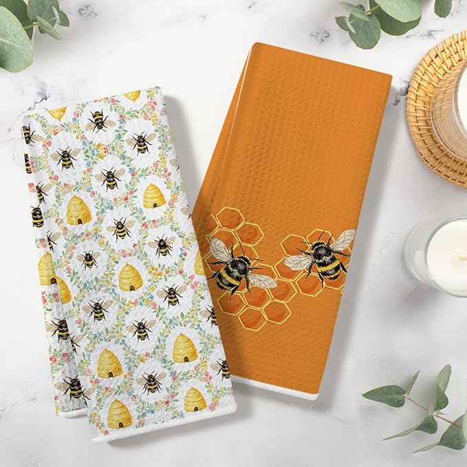 2PCS Bee Honeycomb Kitchen Towels 14x24 Inch, Absorbent Microfiber Decorative Dish Cloth Tea Towel, Bee Flower Waffle Hand Towels for Kitchen Home Bathroom, Bee Lover Gifts for Women