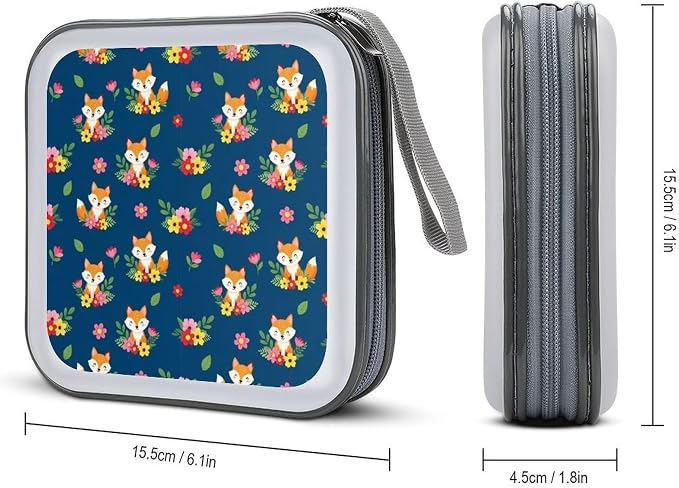 Portable Protective CD Holder Cute Fox, 40-Disc Hard Case with Zipper, Storage Binder for Music Movies Game Collections