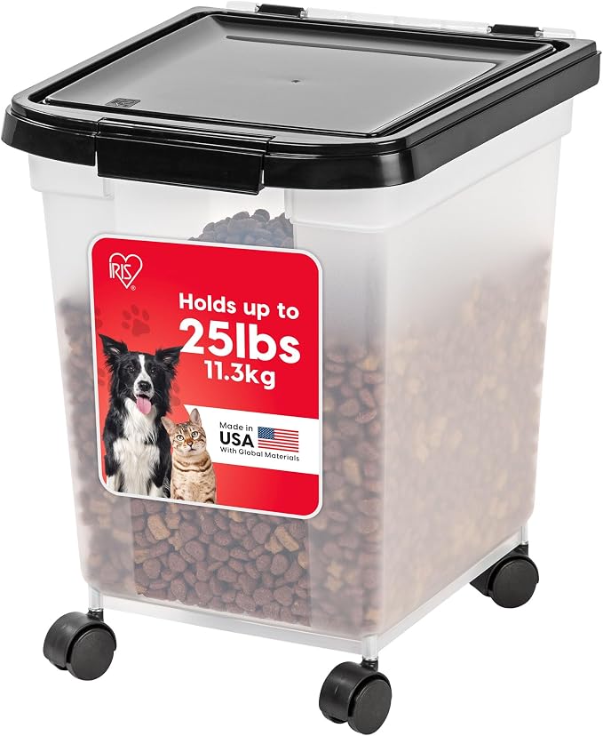 IRIS USA Dog Food Storage Container, Up to 25 lbs, Black, Made in USA | Wheels for Mobility, Airtight Seal, BPA-Free, Best for Bird Seed, Cat food, Cat Litter, Chicken Feed, Pellets
