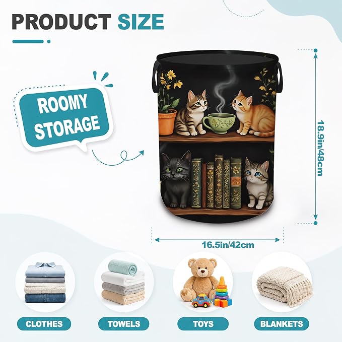 Laundry Basket,Cat Bookshelf Foldable Clothes Hamper with Handles,Library Floral Plants Waterproof Oxford Cloth Storage Organizer for Bedroom Bathroom College Dorm,16" x 20"