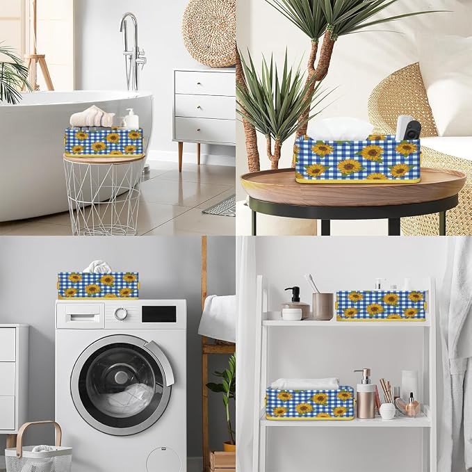 Sunflower Blue White Plaid Bathroom Storage Basket, Foldable with Handle Open Countertop Paper Towel Decorative Box, Toilet Tank Top Shelf Baskets for Home Closet Bedroom Living Room Office