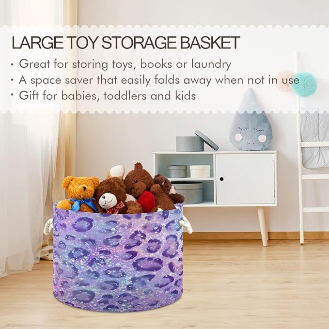 DOMIKING Large Storage Basket for Toys Glitter Leopard Purple Storage Bin Box Kids Laundry Hamper for Nursery Laundry Hamper Books Home Decor