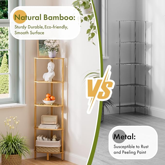 Corner Shelf, 5 Tier Bamboo Corner Bookshelf, 54" Tall Narrow Bookcase, Plant Stand, Corner Display Rack, Shower Caddy, Display Standing Shelf Organizer for Bedroom, Living Room, Kitchen, Apartment
