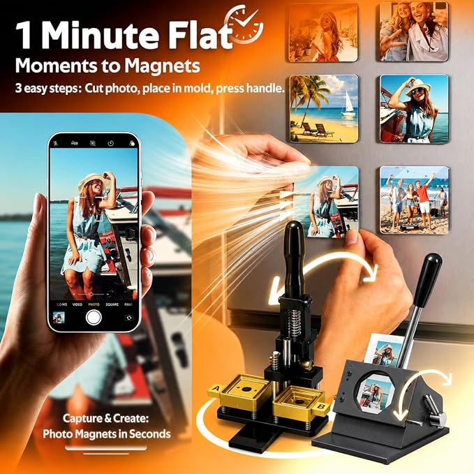 2x2 Inch Square Fridge Magnet Maker Machine Kit- [100Pcs Consumables +100 Sheets Photo Paper, Cutter & Cutting Board] Upgraded Black Gold Square Magnet Maker | Photo Magnet Making kit