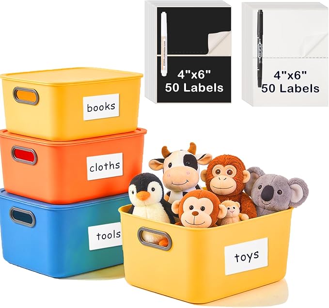 4x6 Inch Removable Storage Bin Labels 100 Pcs (50 Sheets, 25 Black & 25 White) and 2 Markers, Water Oil Tear Resistant No Residue Matte Labels for Home Organization, Packing & Storage Bins