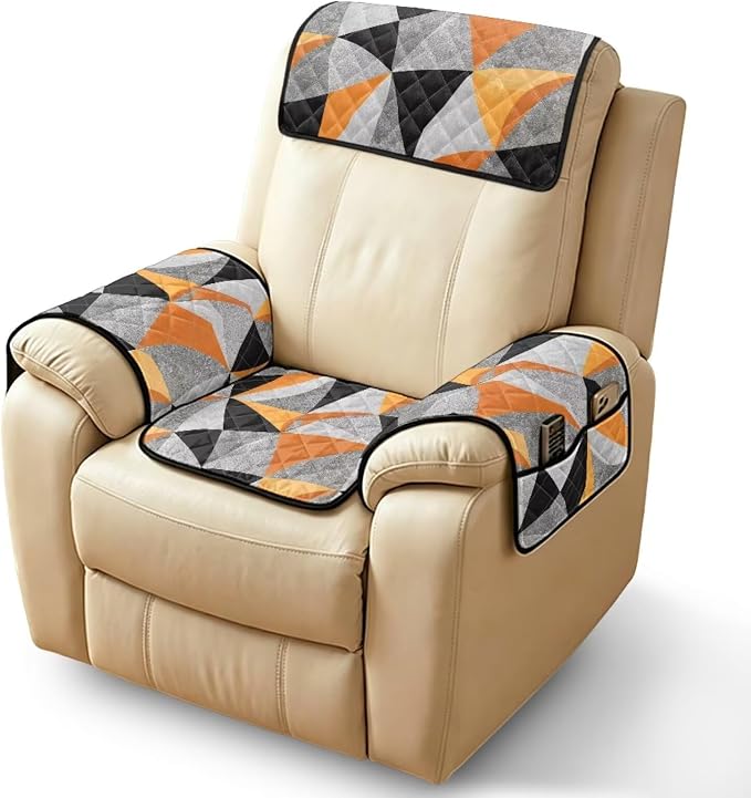 Abstract Geometric Recliner Chair Covers 4 Piece Washable | Modern Quilted Recliner Protectors with Pockets Non Slip Armchair Arm Covers Fit for Leather Seat Home Office,Stain Resistant