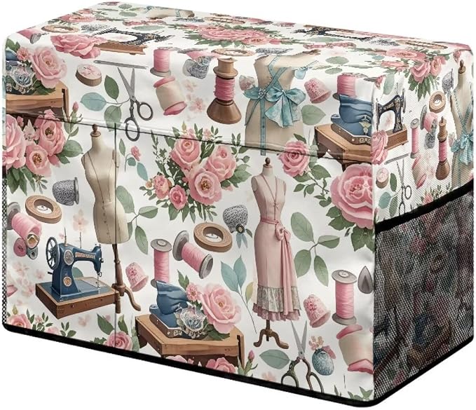 Sewing Machine Cover with Storage Pockets,Dust & Pet Hair Protection,Fits Standard Singer, Brother and Janome Machines, Protecting & Decorating Your Sewing Space Sewing Element(White)