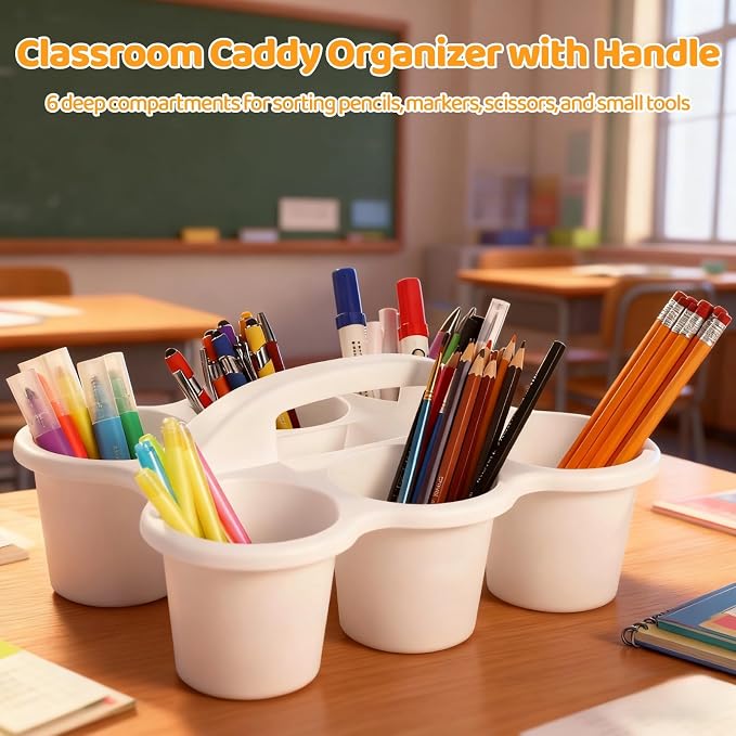 Caddy Organizer, 4-Piece Plastic Desk Bin, 6-Compartment Storage, with Handle