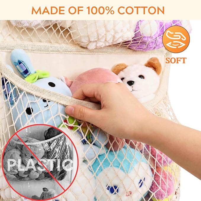 Cotton Over The Door Stuffed Animal Storage | Toy Organizer for Storage Plush Toys, Stuffed Animal Holder with 4 Large Pockets, Hanging Door Organizer for Nursery