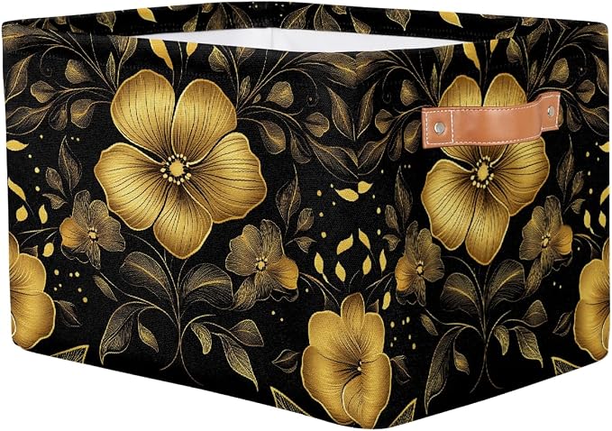 Rectangular Storage Basket Foldable Fabric Storage Bin Toy Baskets Organizer for Shelves Closet Bedroom Home Office, (Black Gold Flower)