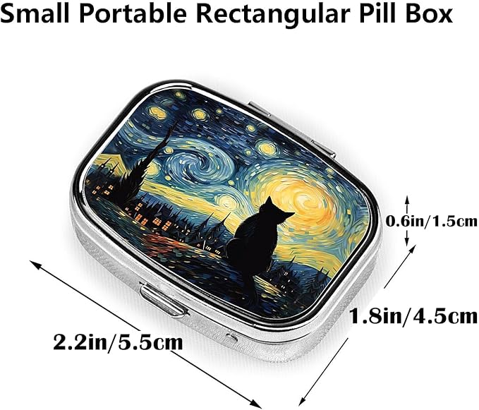 ABLESKY Pill Box, 2 Compartment Pill Organizer Case for Pocket or Purse, Small Portable Metal Travel Medicine Box with Mirror, Daily Vitamins Fish Oil Container-Starry Sky Cat