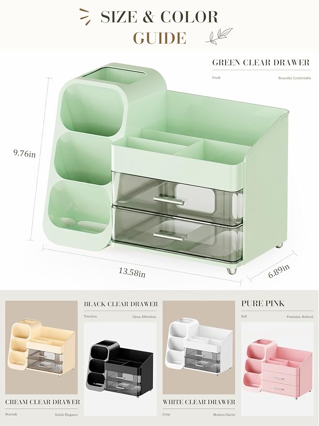 Large Makeup Organizer Countertop for Vanity Skincare Organizers Green | Cosmetic Organizer with Brush Holder and 2 Drawers, Beauty Makeup Storage for Lipsticks, Nail Polishes, Eyeshadow Palettes