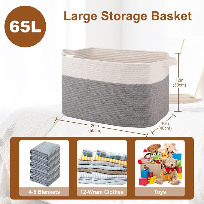 OIASKET Blanket Basket for Living Room, Cotton Rope Basket for Storage, Toy Baskets Bin for kids, Woven Baskets with Handles for Clothes, Towels, Pillows, 20" x 16" x 12", Grey and White