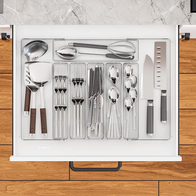 Clear Expandable Silverware Drawer Organizer - Adjust From 11'' to 22'' - Knife,Cutlery,Spoons and Forks Organizer,Large 8 Grid Flatware,Silverware Tray,Utensil Organizer for Kitchen Drawers