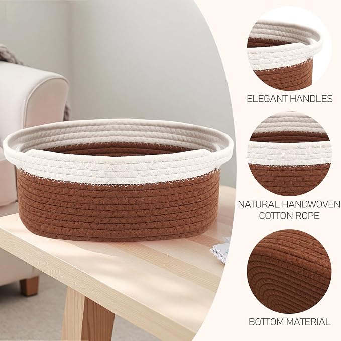 JMvicyroam Small Woven Basket, Empty Gift Basket, White&Brown/3 Pack | Small Gift Basket, Cotton Rope, 12 x 8 x 59 in, Handles, Includes Ribbon and Bag, Birthday Gift Basket