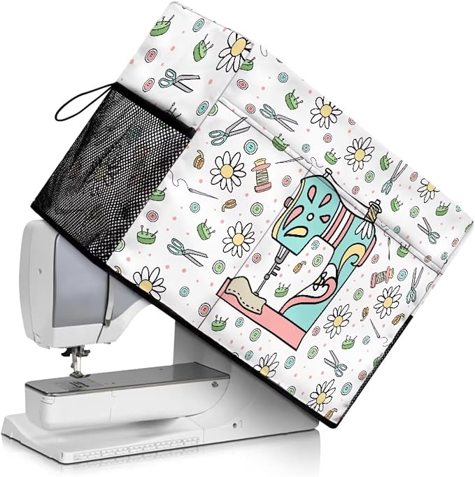 Sewing Machine Cover with Storage Pockets,Dust & Pet Hair Protection,Fits Standard Singer, Brother and Janome Machines, Protecting & Decorating Your Sewing Space Sewing Flower(White)