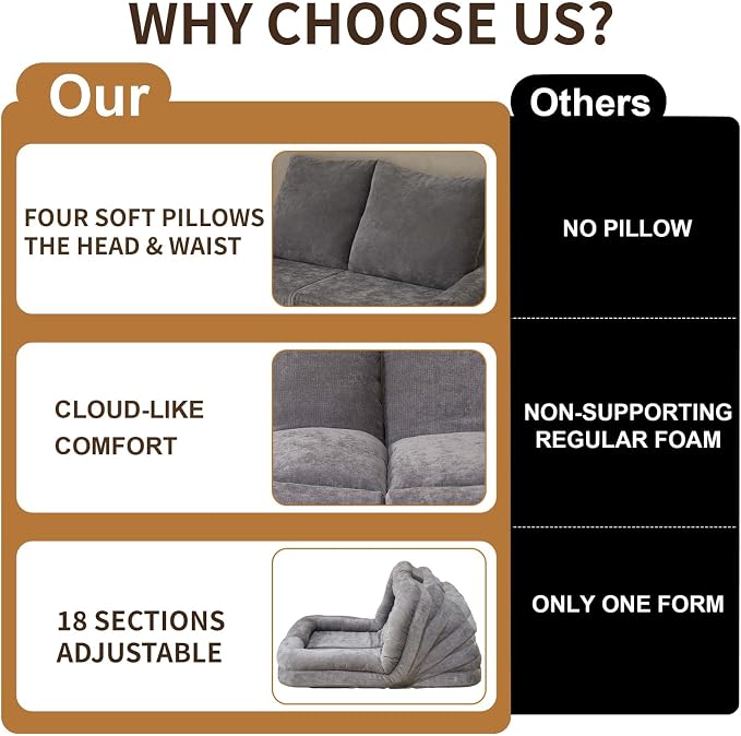Convertible Fold-Out Lazy Sofa Bed - Adjustable Human Dog Bed for Adults, Plush Upholstered Adjustable Sofa Couch with 18-Position Backrest, 2-Person Floor Sofa Bed, Space Saving Design (Double)