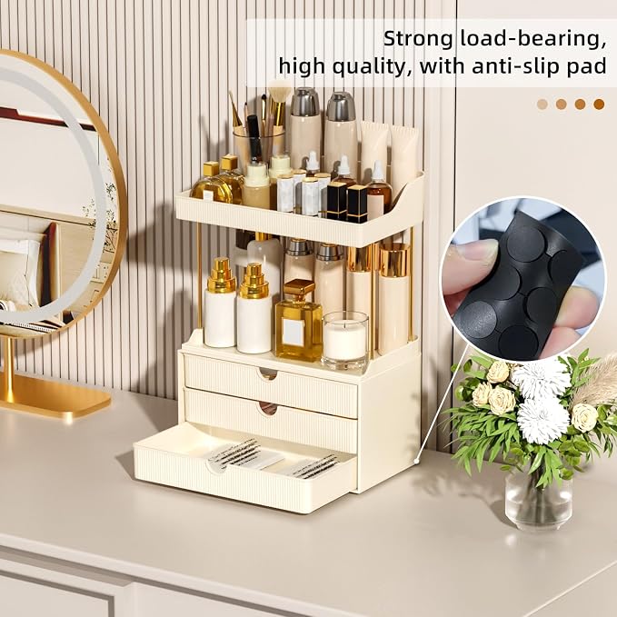 StorBin Arcylic 5-Tier Makeup & Skincare Organizer for Vanity, Bath | Smooth 3 drawers, clear body, gold frame, non-slip, for perfumes, serums, face masks, palettes, vanity & bath counter,white