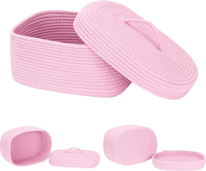 Sea Team Oval Storage Basket, Woven Cotton Rope Basket with Lid, Pink | Decorative Knitted Storage Bin, Multi-Purpose Lidded Organizer for Closet Shelves, Nursery and Household Storage
