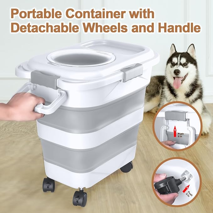 Dog Food Storage Container, 10-20 lbs Airtight Collapsible Cat Food Storage Container with Attachable Wheels, Portable Handle, Dog Food Scoop for Dog Cat Bird Pet Dry Food Storage Bin Light Grey
