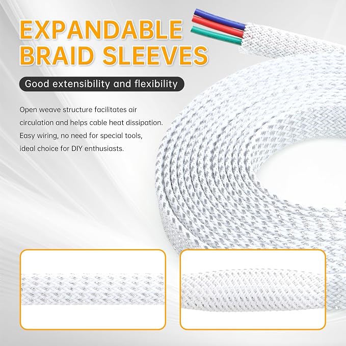 Braided Cable Sleeve 33ft, PET Expandable Wire Loom for Automotive Wiring Harness & PC Computer Case, Audio Video Cable Management System (White Silver, 12mm (15/32"))