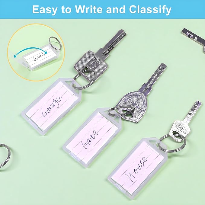 Coideal White Plastic Key Tags with Labels - 60 Pack Tough Key Chain Tag Rectangle ID Identifiers with Clear Label Window and Strong Split Ring for Luggage