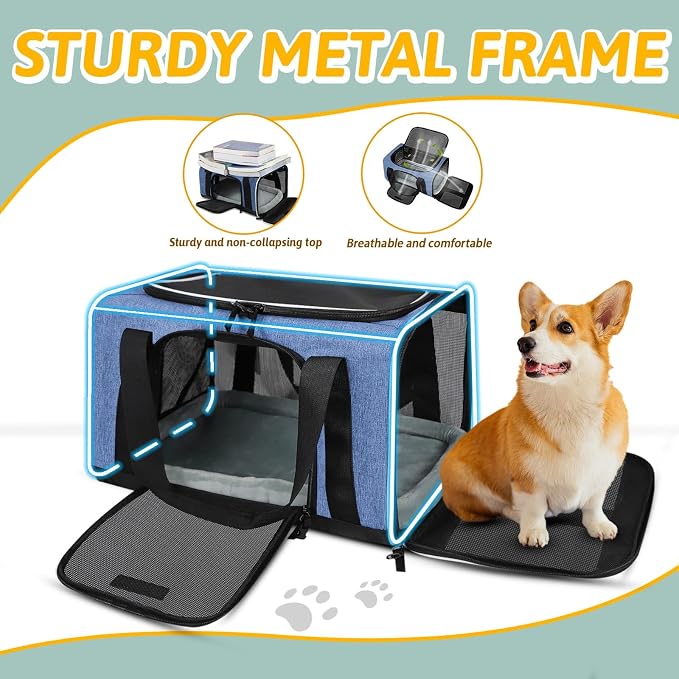 Small Pet Carrier 17" L x 11" W x 9.5" H Airline Approved, Blue | for Alaska Airlines, Lockable Safety Zippers and Anti-Scratch Mesh, Pets Under 10 lbs