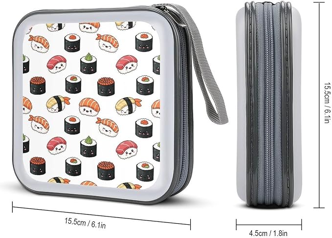 40-Disc CD/DVD Protective Case Kawaii Food Theme Japanese Sushi, Hard Plastic Binder with Zipper, Portable Storage Organizer for Travel Office