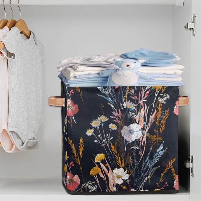 Wildflower Plant Cube Storage Bin, 13 Inch Collapsible Fabric Storage Cubes Bin, Flower Floral Foldable Cube Baskets for Shelf, Closet, Organizer