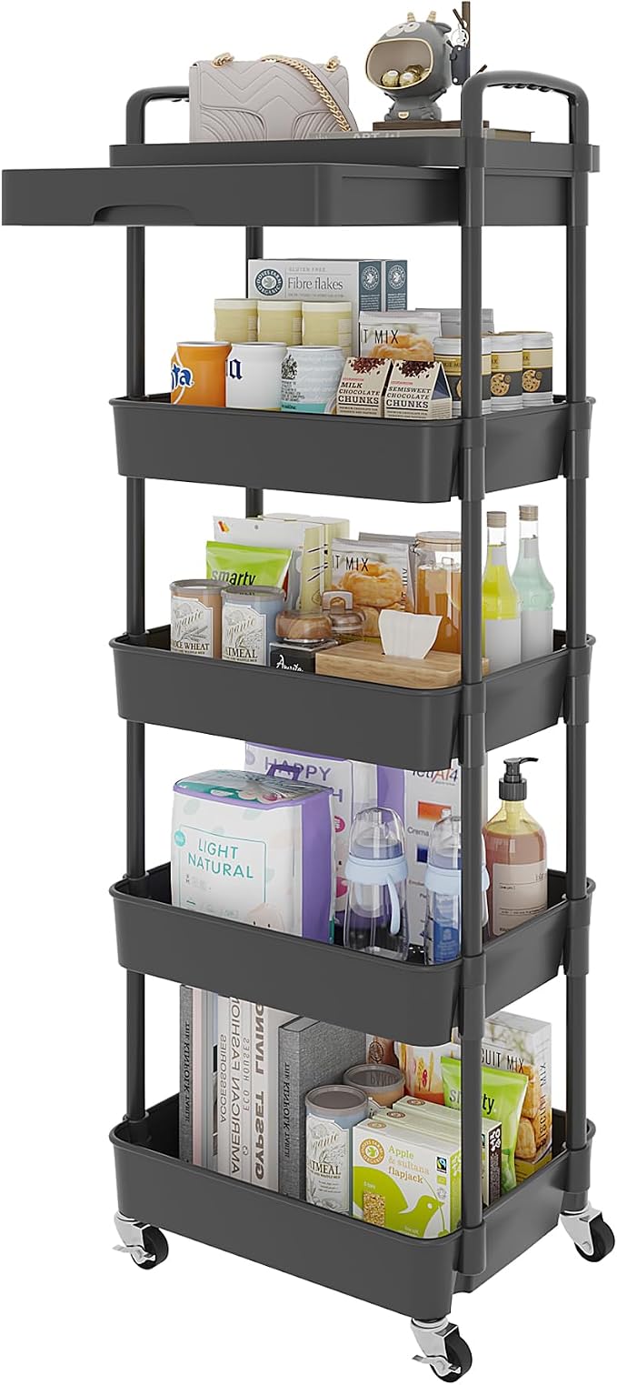 Calmootey 5-Tier Utility Cart with Drawer & Wheels, Storage for Home,Office | Space-Saving Organizer, Sturdy Plastic Shelves, Smooth-Rolling Metal Wheels, Built-in Drawer for Small Items, Black