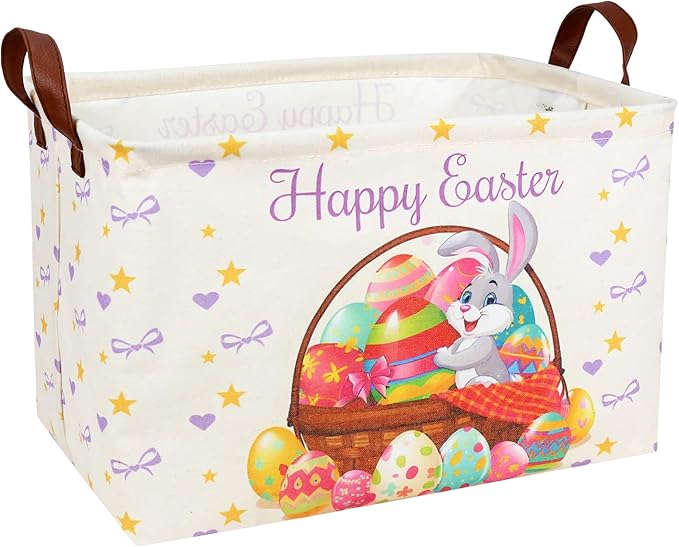Easter Basket for Kid Large Empty Baby Rectangular Cute Easter Gift Storage Basket Bunny Eggs Décor (Rabbit Purple Bow Tie)