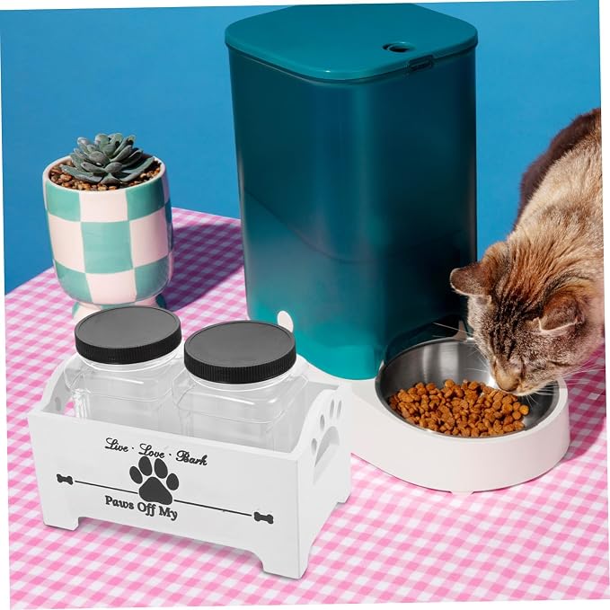 Tofficu Wooden Dog Food Storage Container with Airtight Treat Jars, Household Pet Treat Organizer Box with Dividers, White Wood Crate for Dog Treats and Food Storage