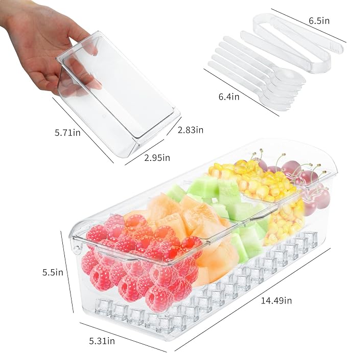 Chilled Condiment Server, Clear Condiment Containers with Lids for 5 Removable Compartments, BPA-Free Condiment Caddy Storage Food, Garnish Dispenser Tray on Ice for Bar Accessories/Fruit/Taco/Party