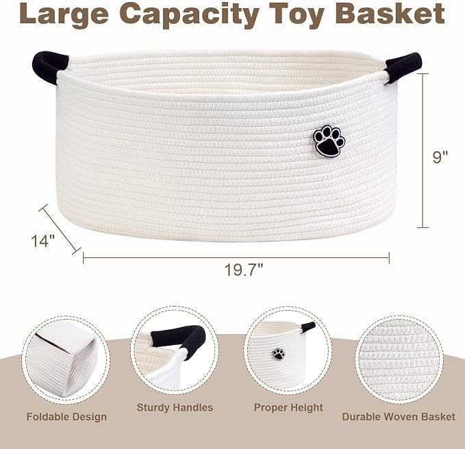 Optish 40L Extra Large Dog Toy Basket, 20" x 14" x 9" XL Toy Storage Box and Bin with Handles, Woven Cotton Rope Foldable Basket for Blankets, Living Room, Bedroom, Home Decor, White