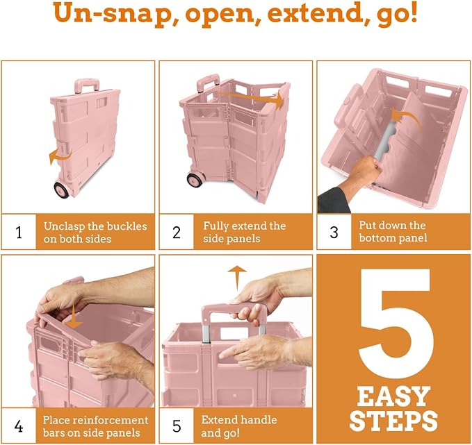 Inspired Living Ultra-Slim Rolling Collapsible Storage Pack-N-Roll Utility-carts, with Telescopic Handle, for Home, Garden, Shopping, Office, School use, Medium, Raspberry Pink